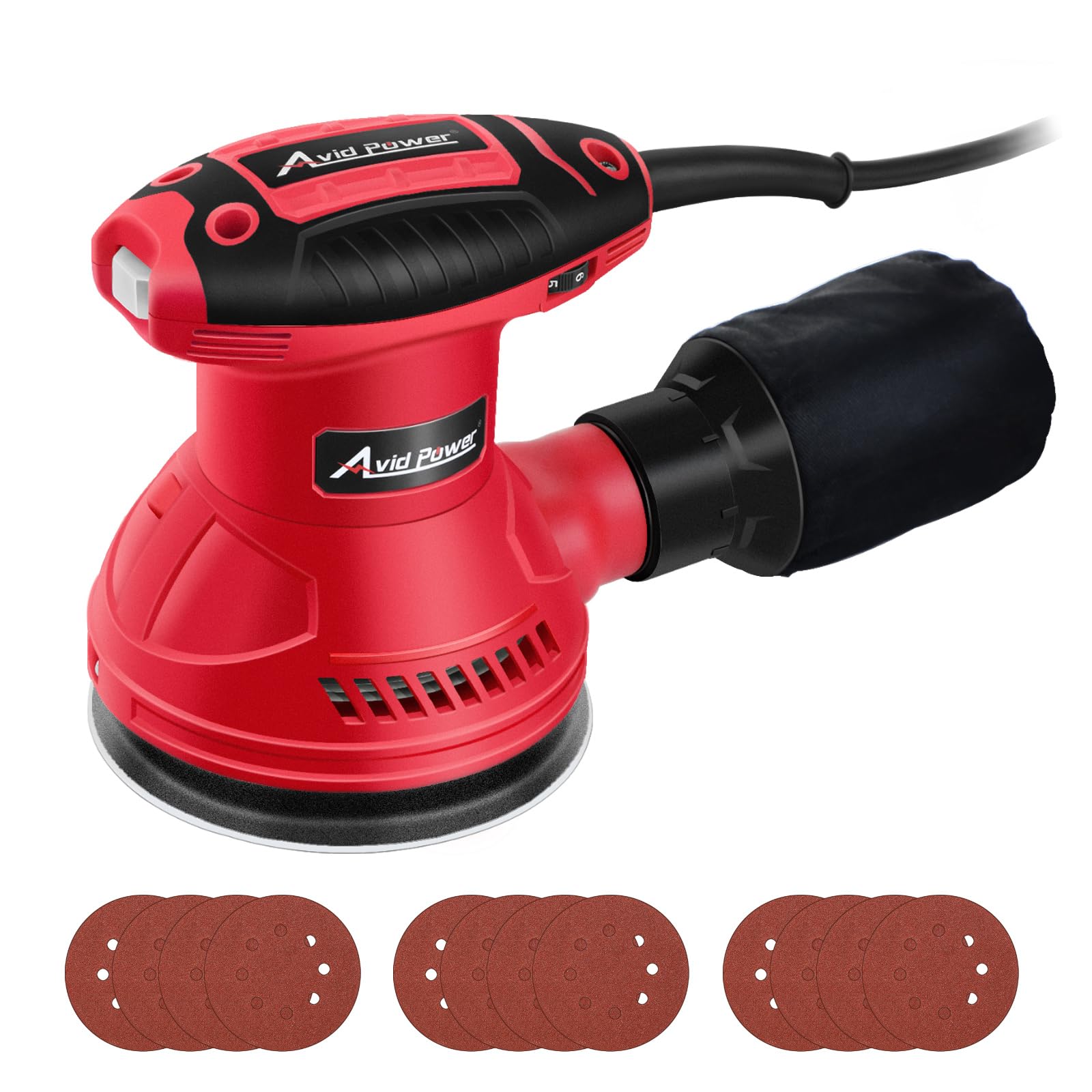 AVID POWER orbital sander with dust bag aiding clean wood finishes
