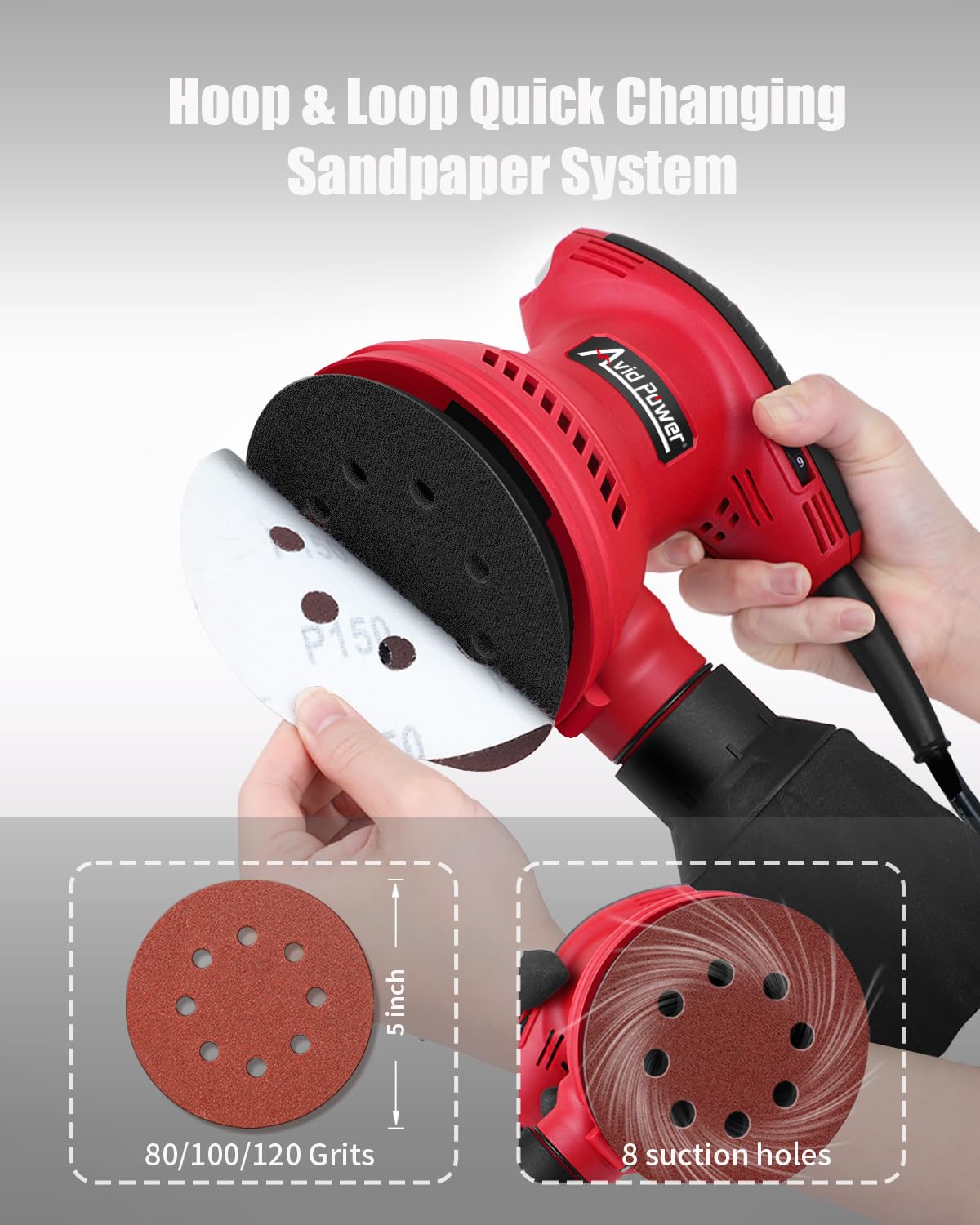 AVID POWER orbital sander with dust catcher keeps workspaces cleaner