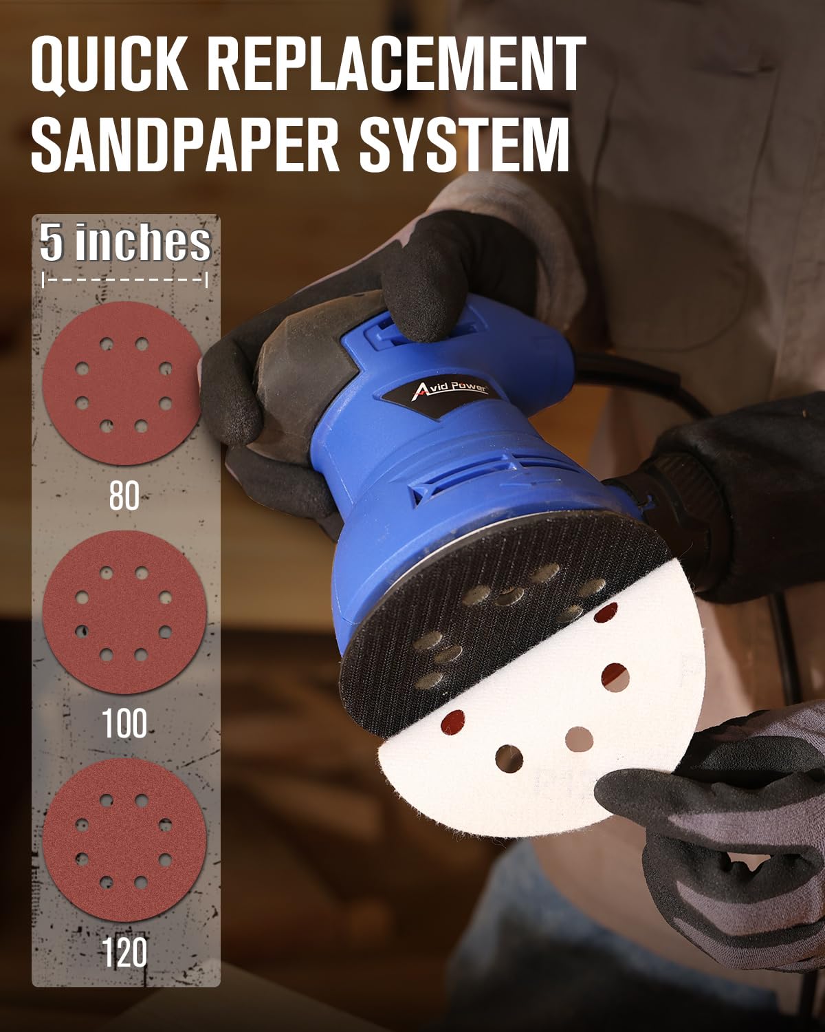 AVID POWER sander shows dust-proof switch for reliable operation in dusty spaces.