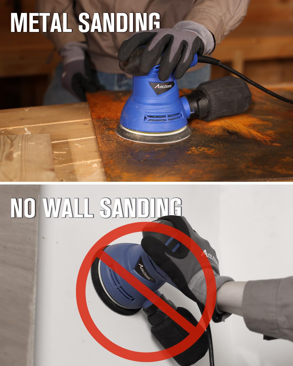 AVID POWER sander in action beside a workbench with visible sanding debris.