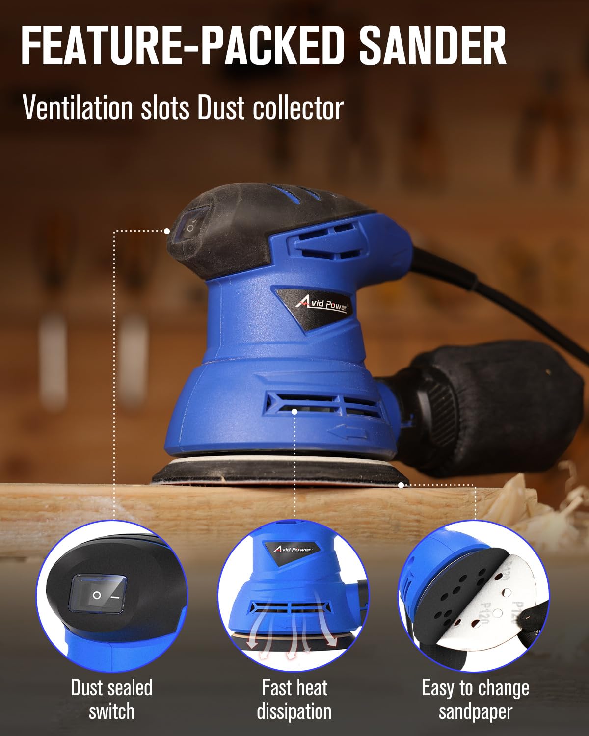 AVID POWER sander showcases lightweight, compact design for easy maneuverability.