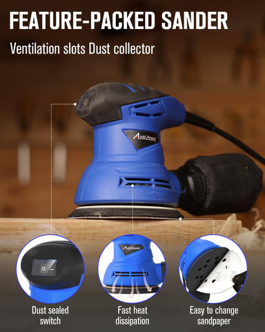 AVID POWER sander showcases lightweight, compact design for easy maneuverability.