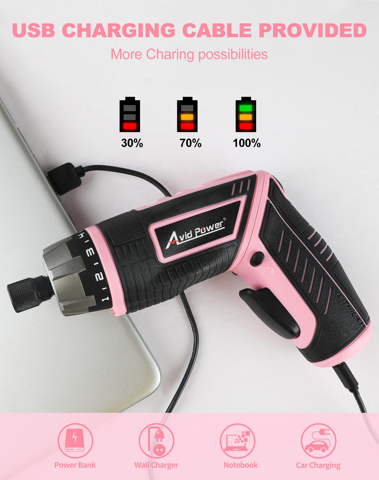 AVID POWER screwdriver with dual-position handle for straight and pistol grip tasks