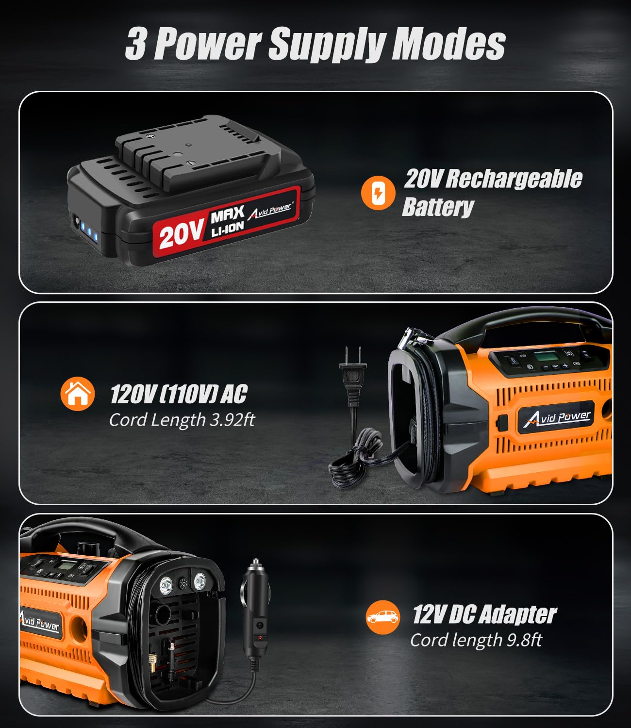 AVID POWER tire inflator digital display for precise pressure control.