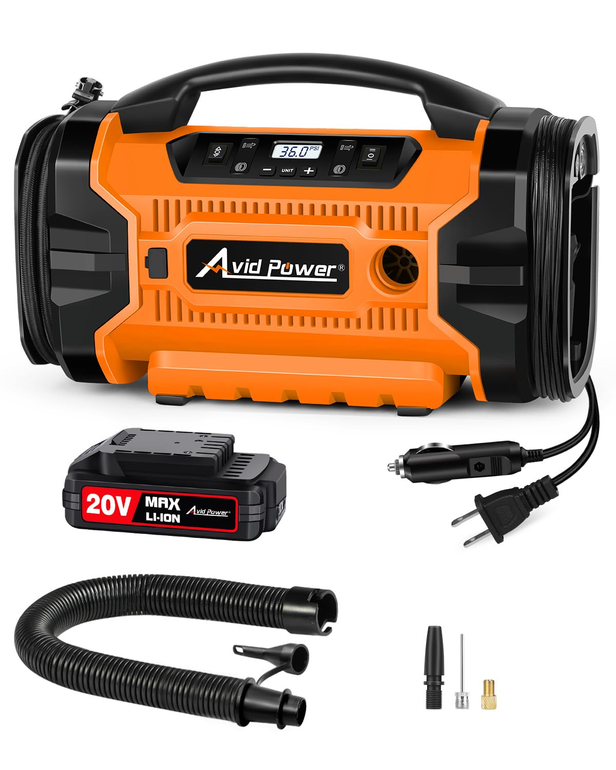 AVID POWER tire inflator front view with compact orange housing for roadside use.