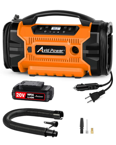 AVID POWER tire inflator front view with compact orange housing for roadside use.