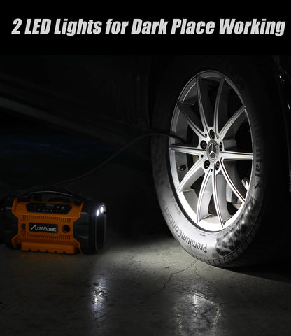 AVID POWER tire inflator in use on car tire for quick roadside readiness.