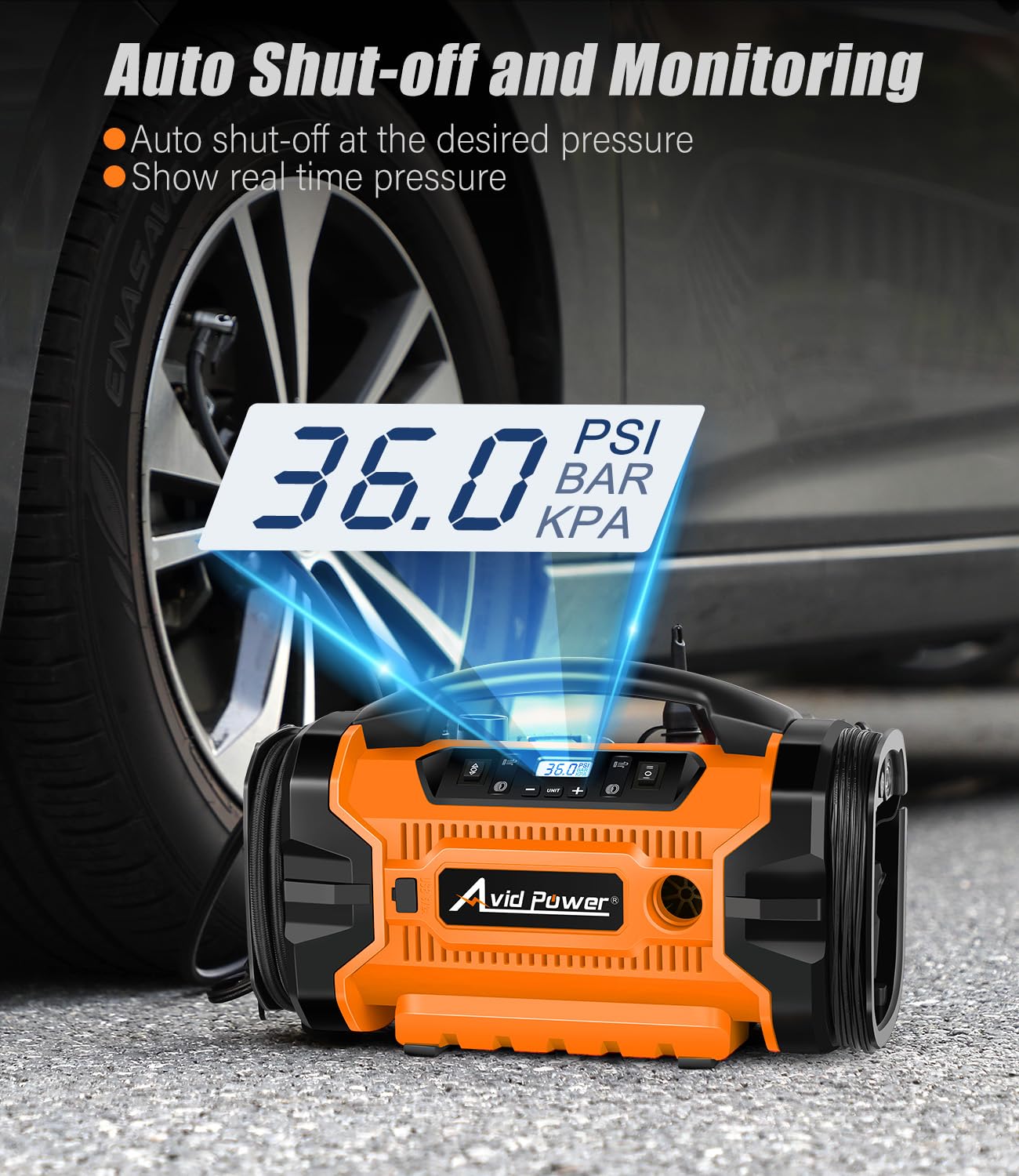 AVID POWER tire inflator built-in LED light for dark environments.