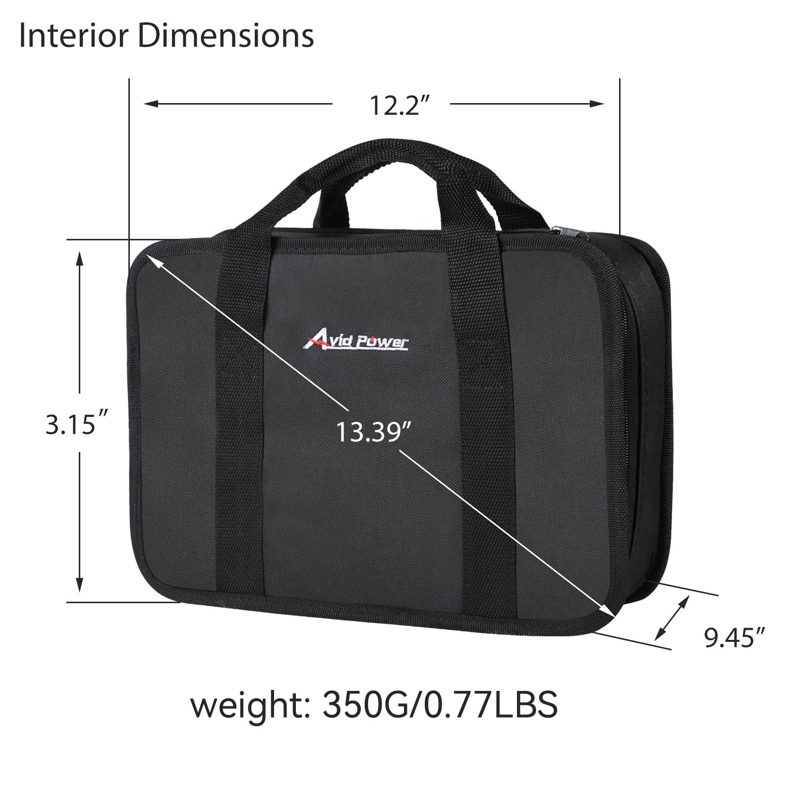 AVID POWER tool bag interior dimensions reveal space for drill and accessories.