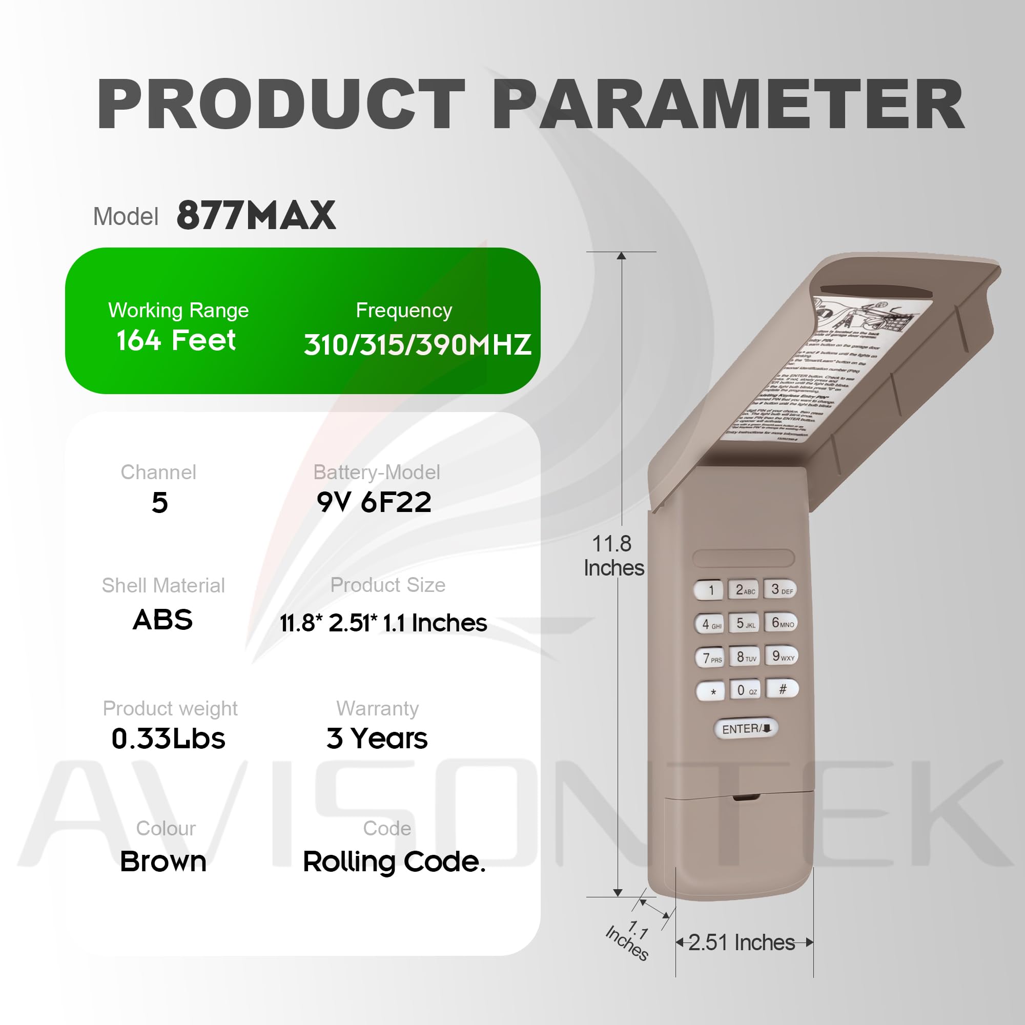 Avisontek 877MAX rolling code encryption demonstrates secure access