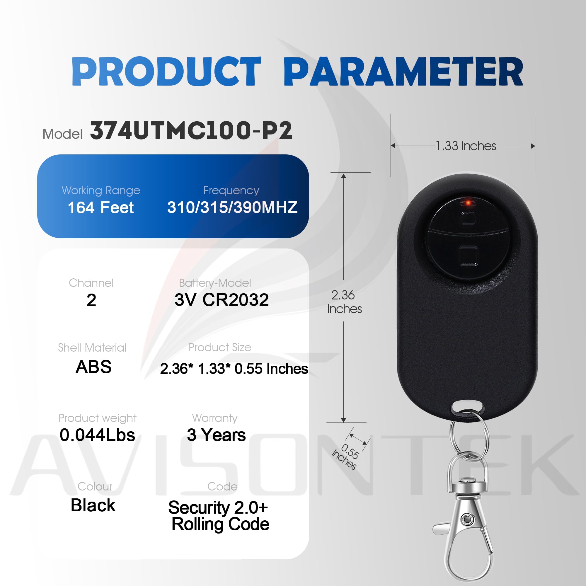 Avisontek LiftMaster 374UT remote is lightweight and keychain-friendly.