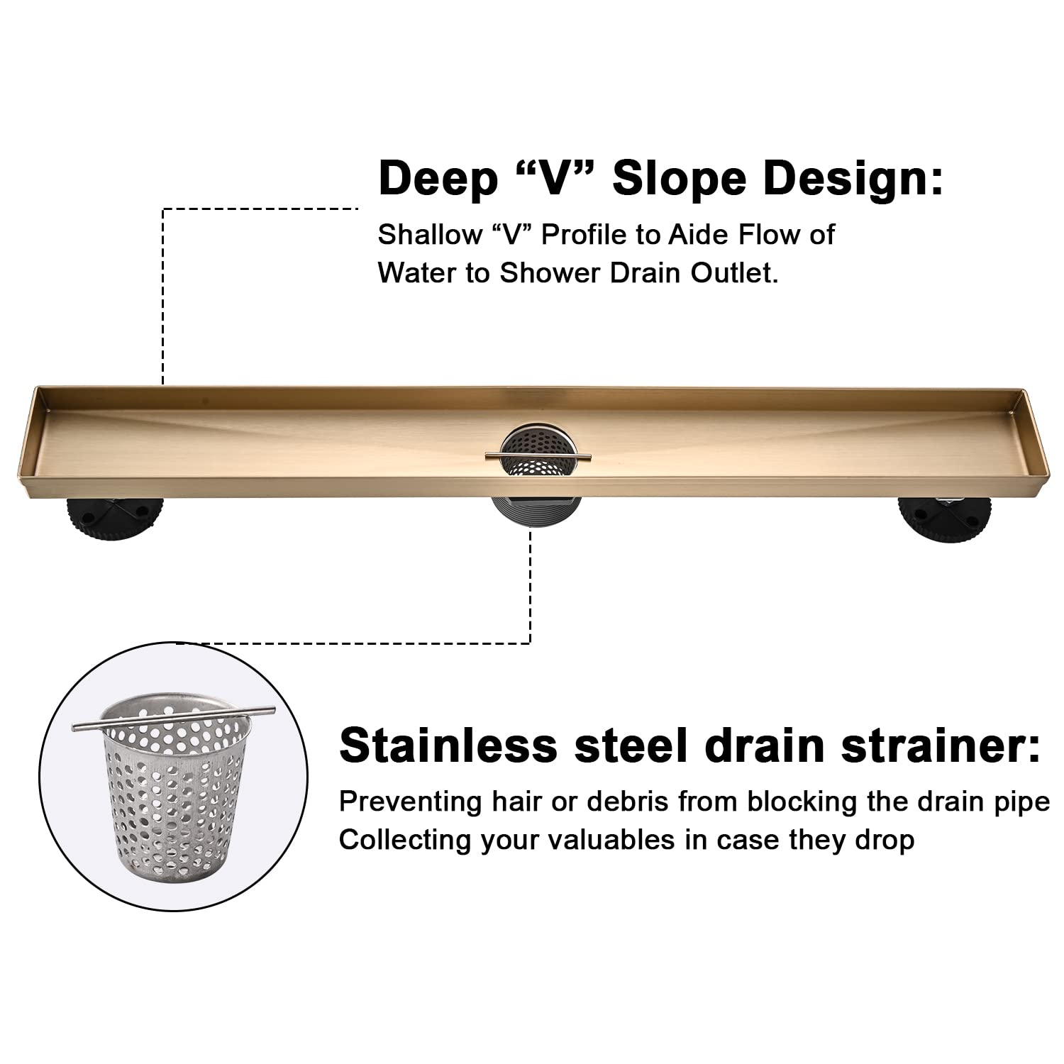 AVSIILE fully assembled drain with easy installation and leveling feet.