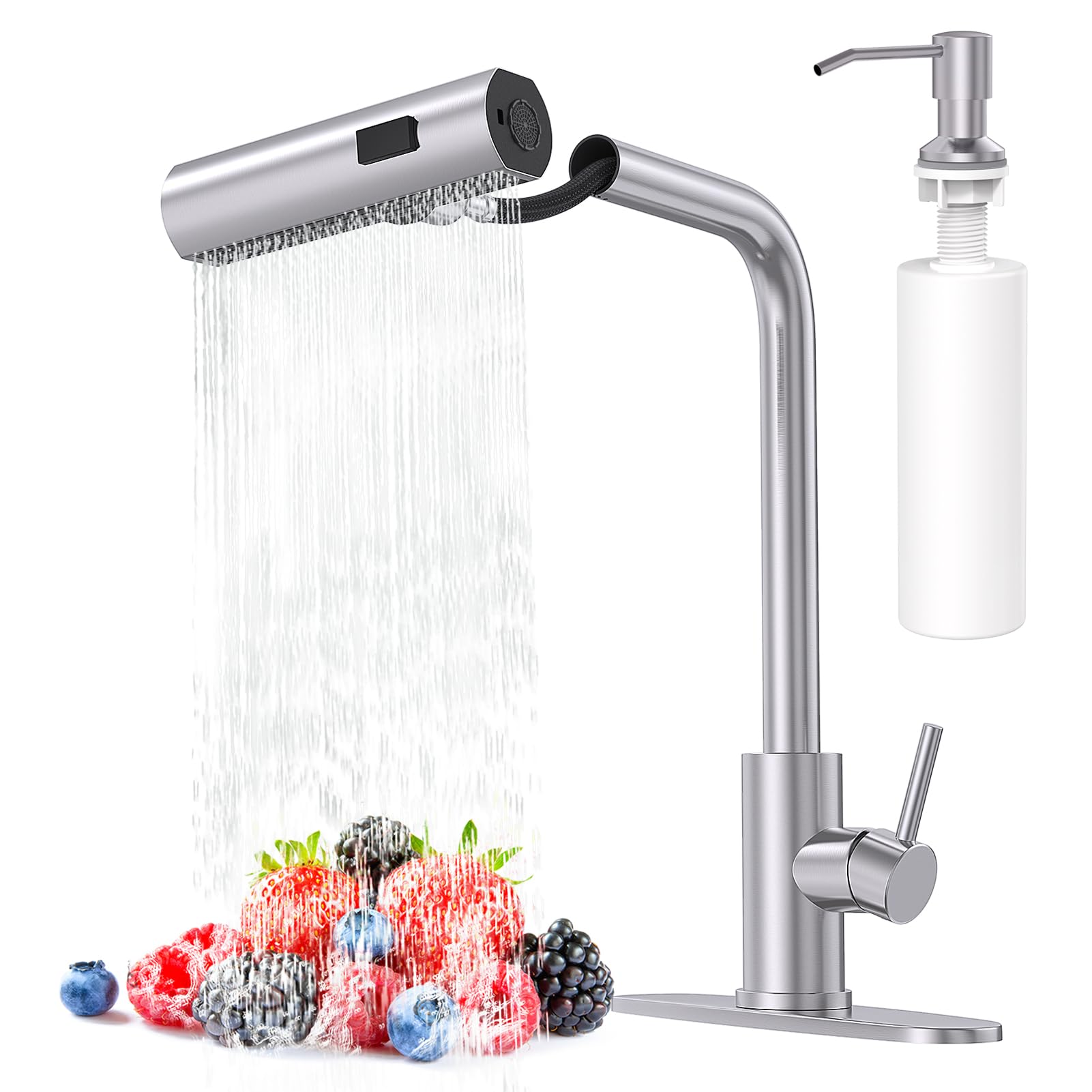 AVSIILE brushed nickel kitchen faucet with pull-down sprayer for easy dish rinsing.