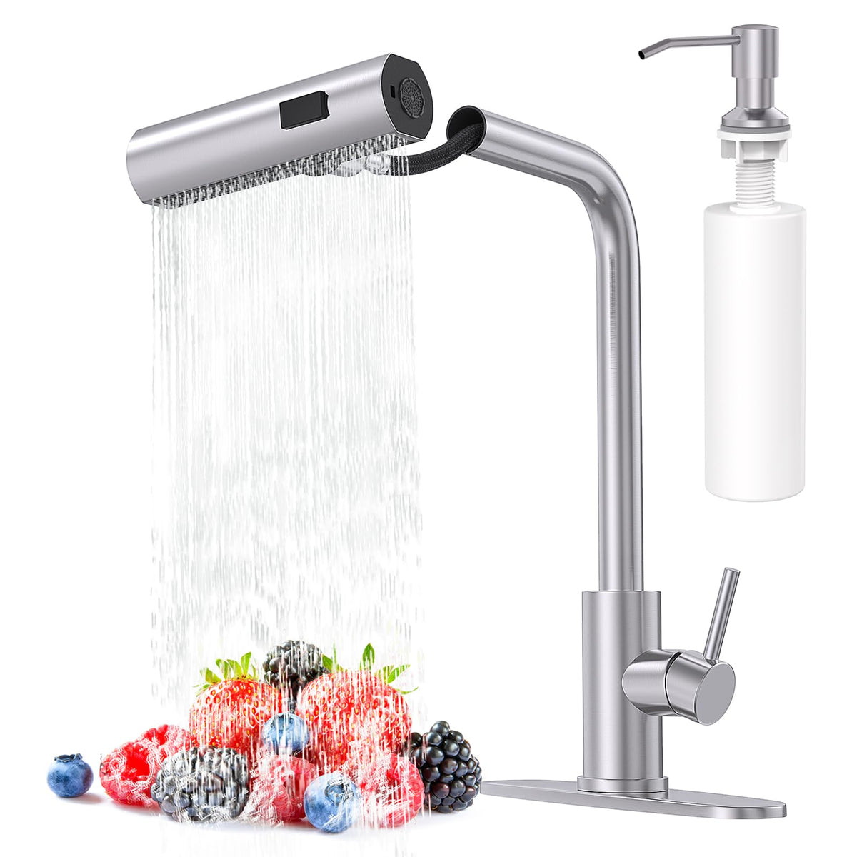 AVSIILE brushed nickel kitchen faucet with pull-down sprayer for easy dish rinsing.