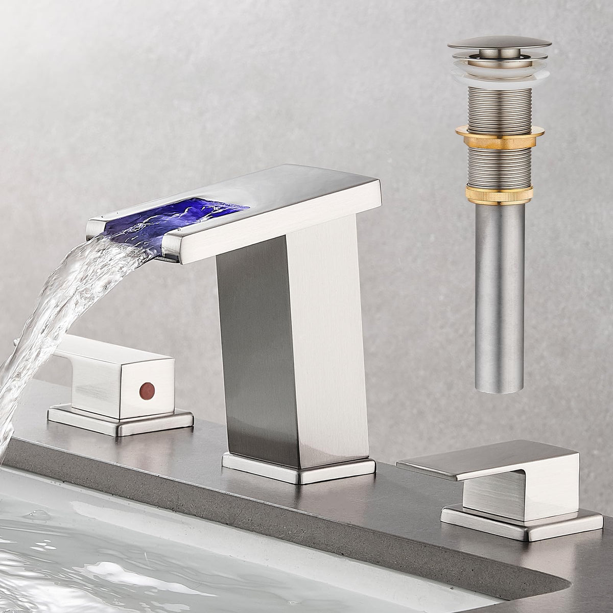 AVSIILE LED 8-Inch wide-spread faucet with waterfall arc for elegant bathroom ambiance.