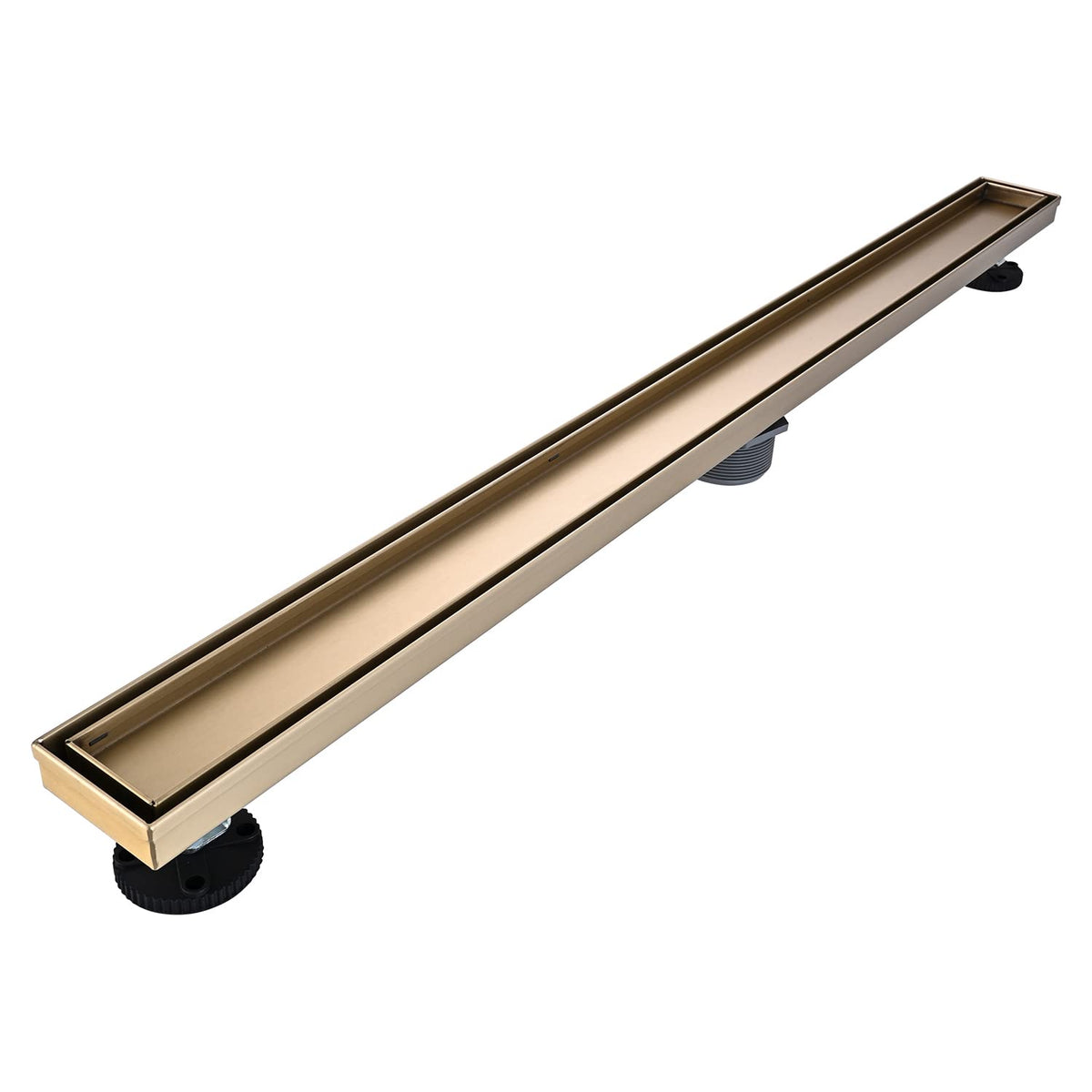 AVSIILE linear drain with brushed gold finish, 36-inch length, for seamless shower floor.