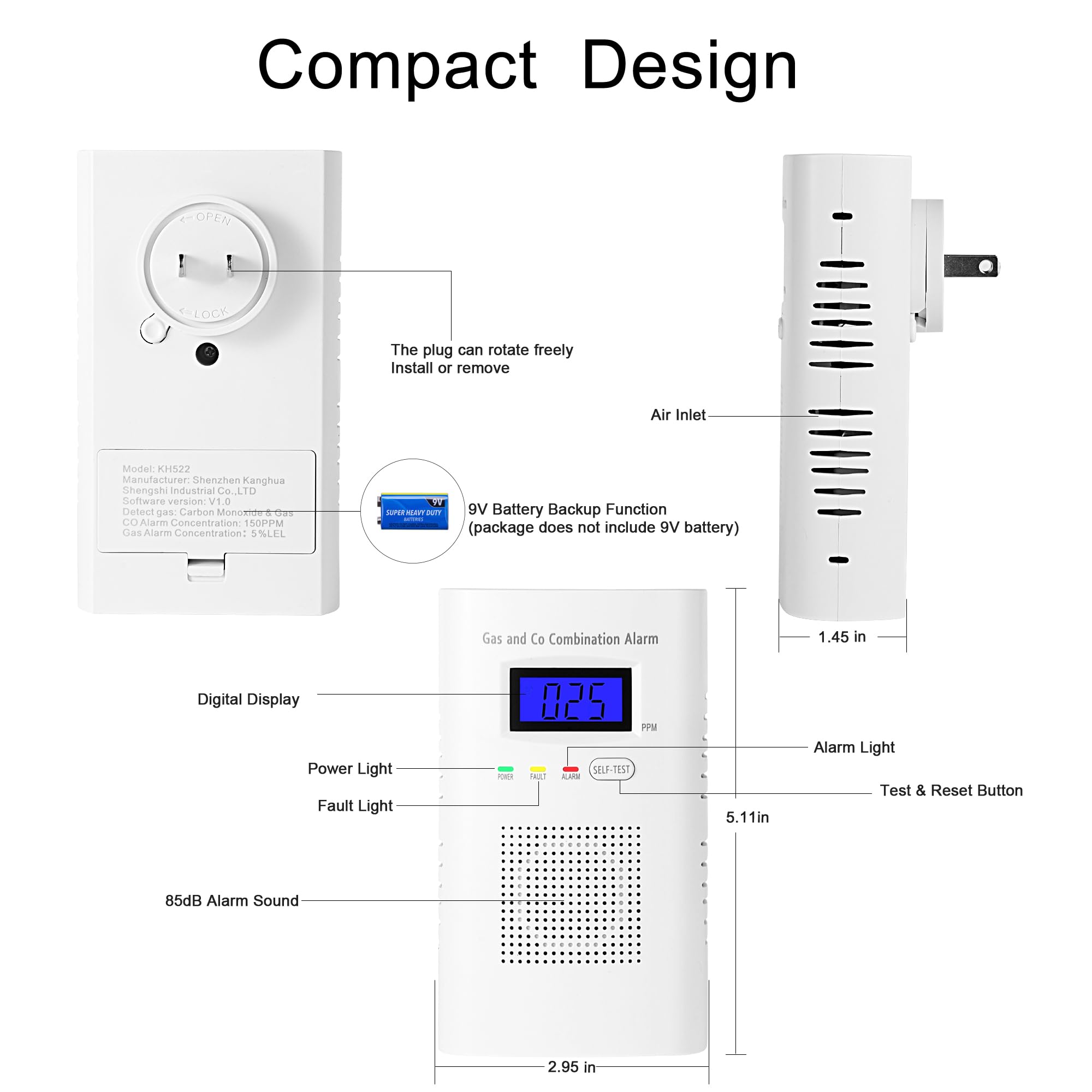Awatin 2-pack detector plug-in side view for wall installation.
