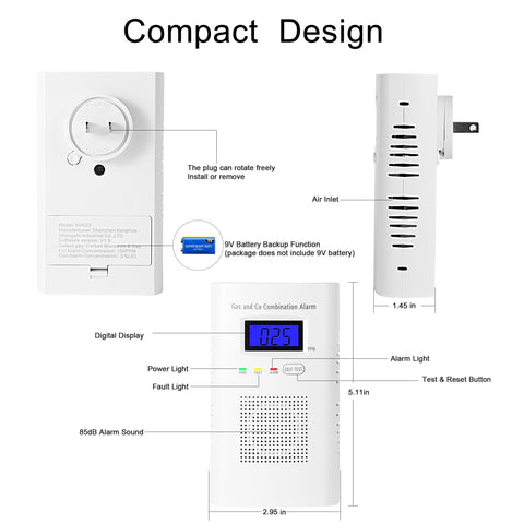 Awatin 2-pack detector plug-in side view for wall installation.