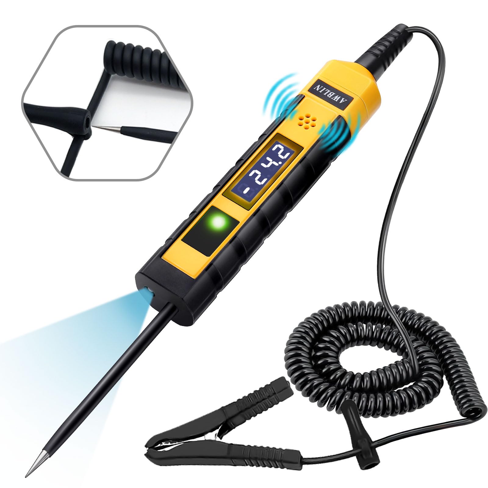 AWBLIN 4-75V DC test light with LCD display for quick voltage readings.