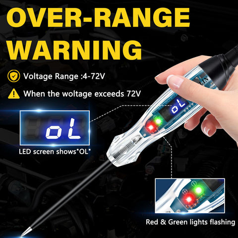 AWBLIN 72V-capable tester in use across vehicle circuits.