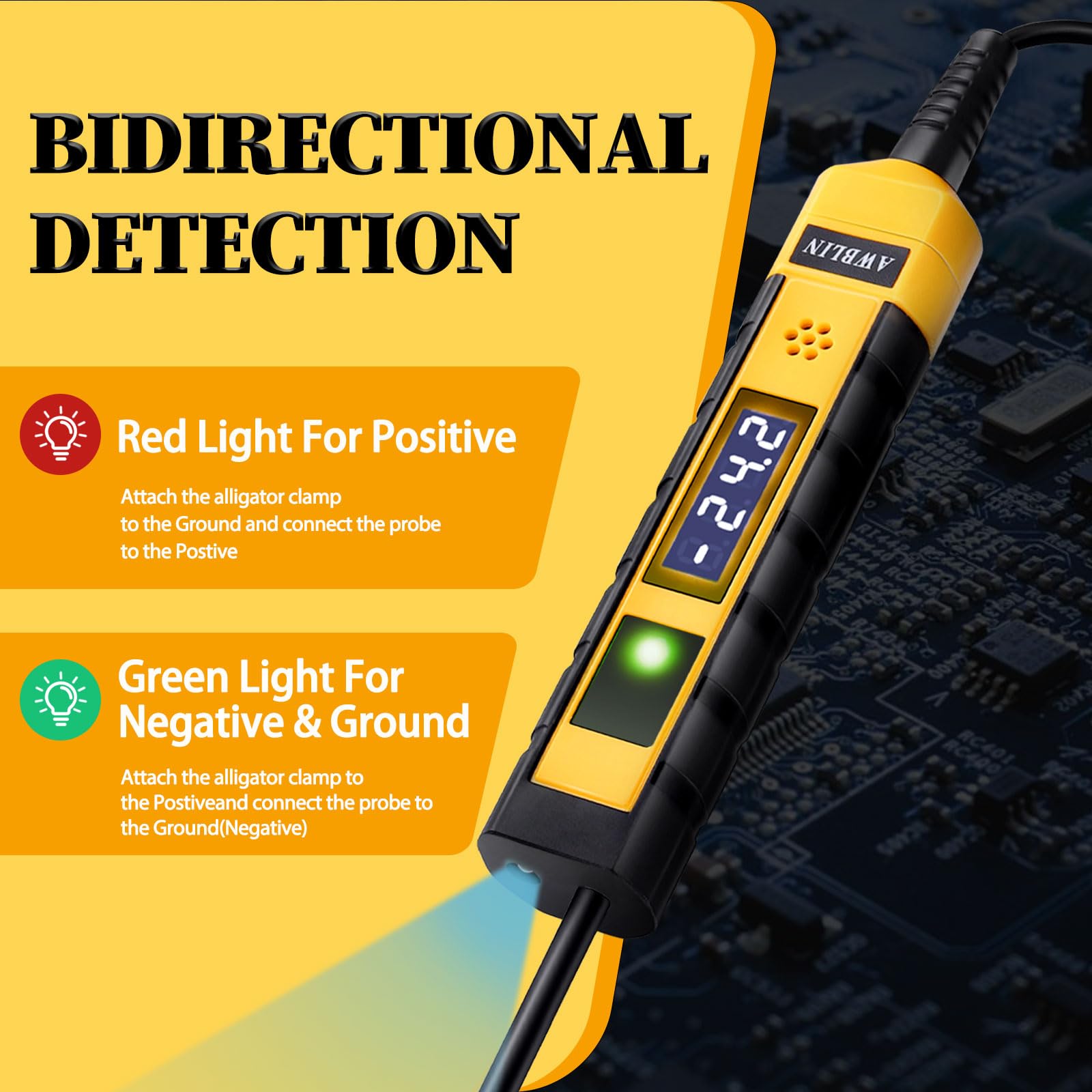 AWBLIN test light features extended spring wire for flexible ground testing.