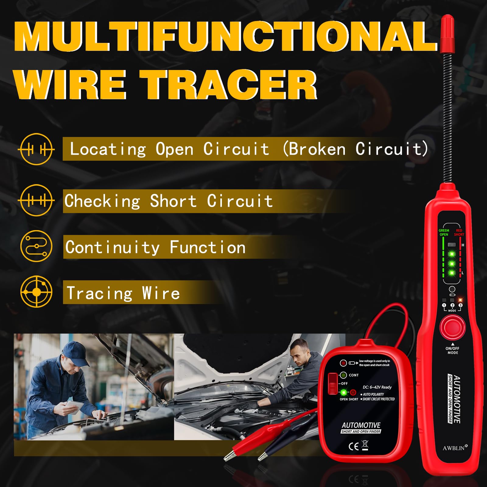 AWBLIN Wire Tracer receiver displaying LED indicators for open or short faults.