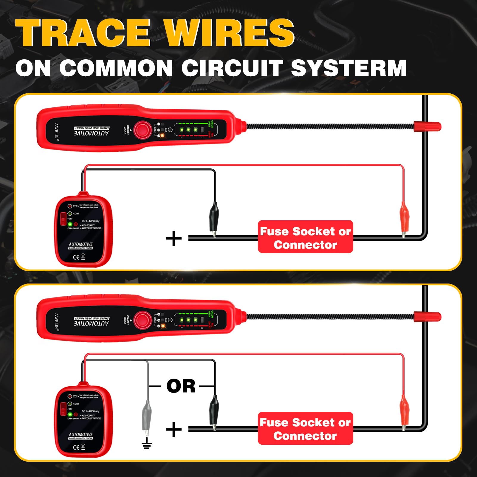 AWBLIN Wire Tracer short-circuit indicator with red light and beeps.