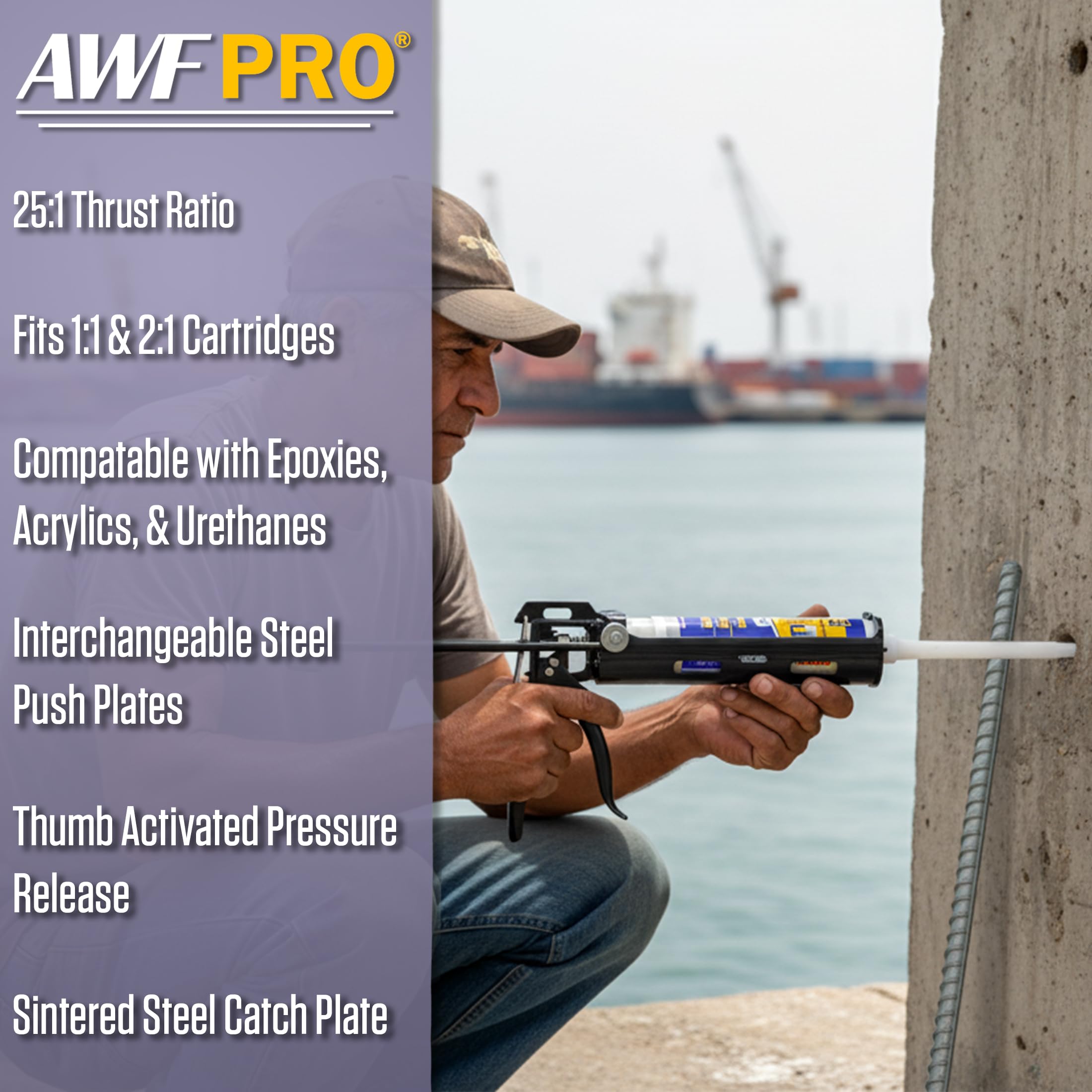 AWF PRO epoxy gun thumb release allows quick pressure relief to reduce drips.