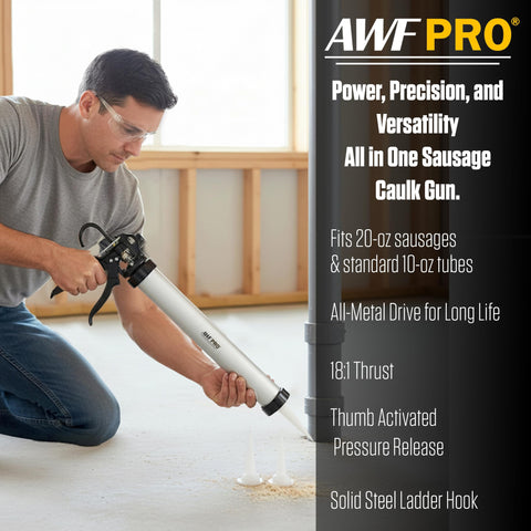 AWF PRO sausage caulking gun showing 18:1 thrust ratio for strong bead control