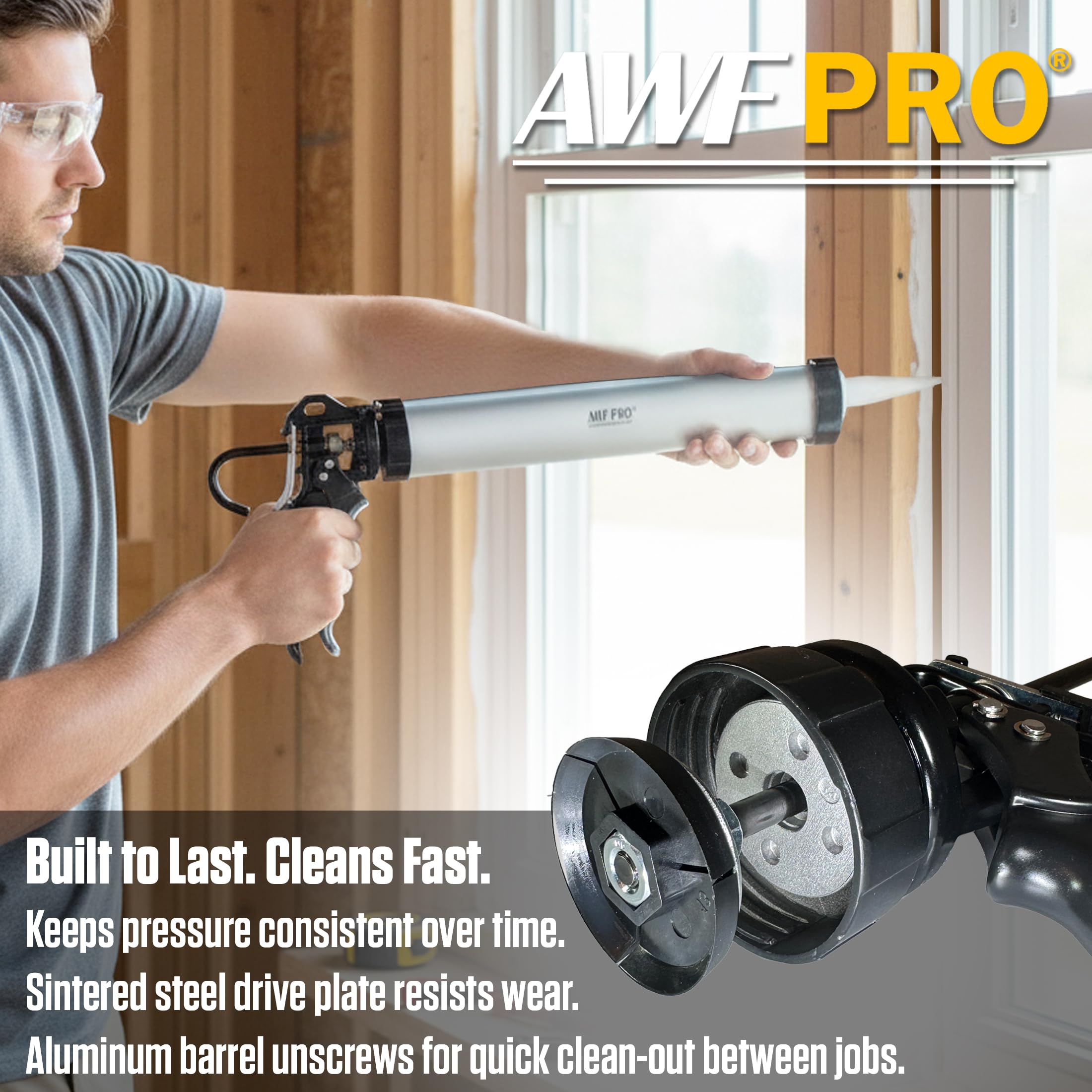AWF PRO sausage caulking gun dual-format compatibility for sausage packs and cartridges