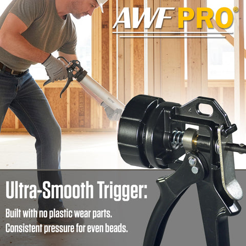 AWF PRO caulking gun featuring instant pressure release to reduce drips