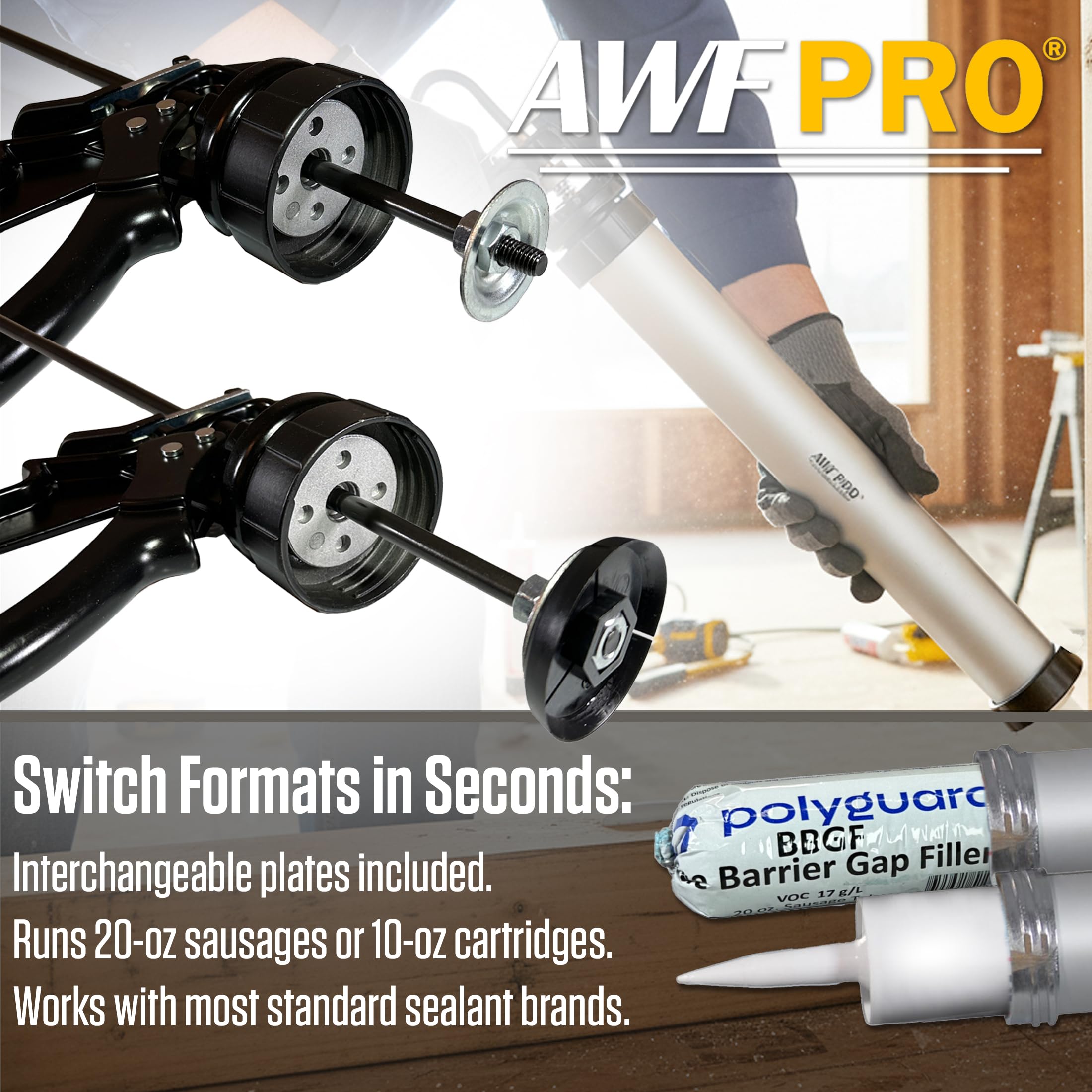 AWF PRO caulking gun includes replaceable tips for different bead profiles
