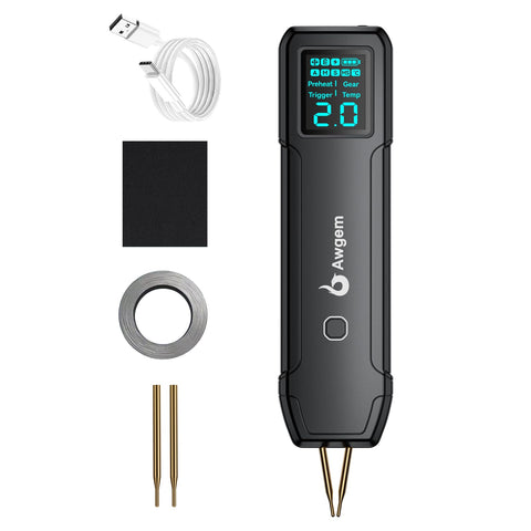 Awgem SH2 with LCD screen showing real-time welding data and mode indicators.