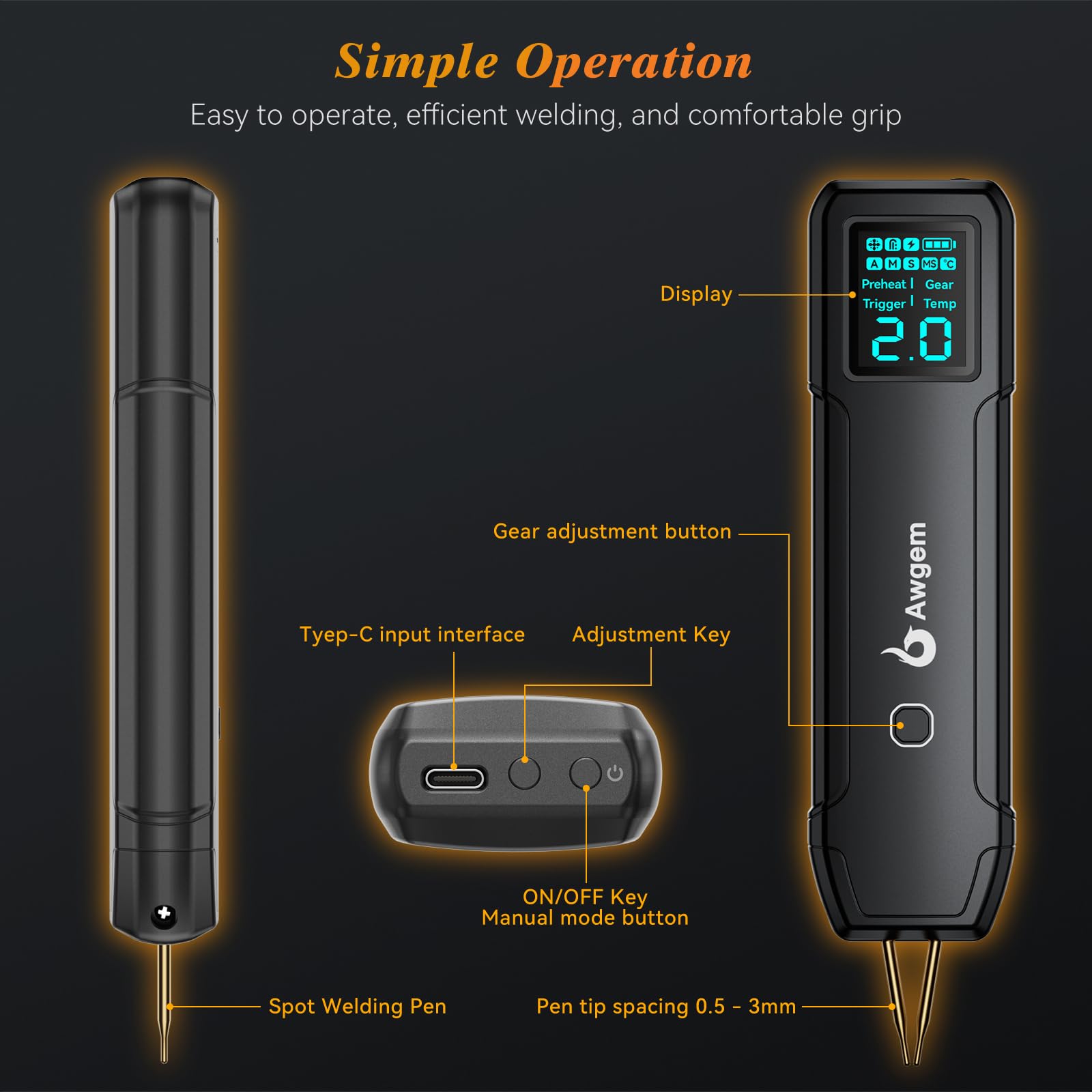 Safety indicators on Awgem SH2 alert for undervoltage and overheating during welding.
