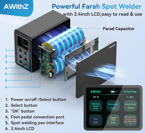 AWithZ battery-pack welding supports cylindrical cells like 18650 and 21700