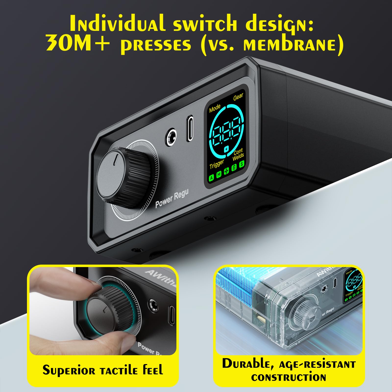 AWithZ foot pedal image highlighting hands-free welding for safer sessions
