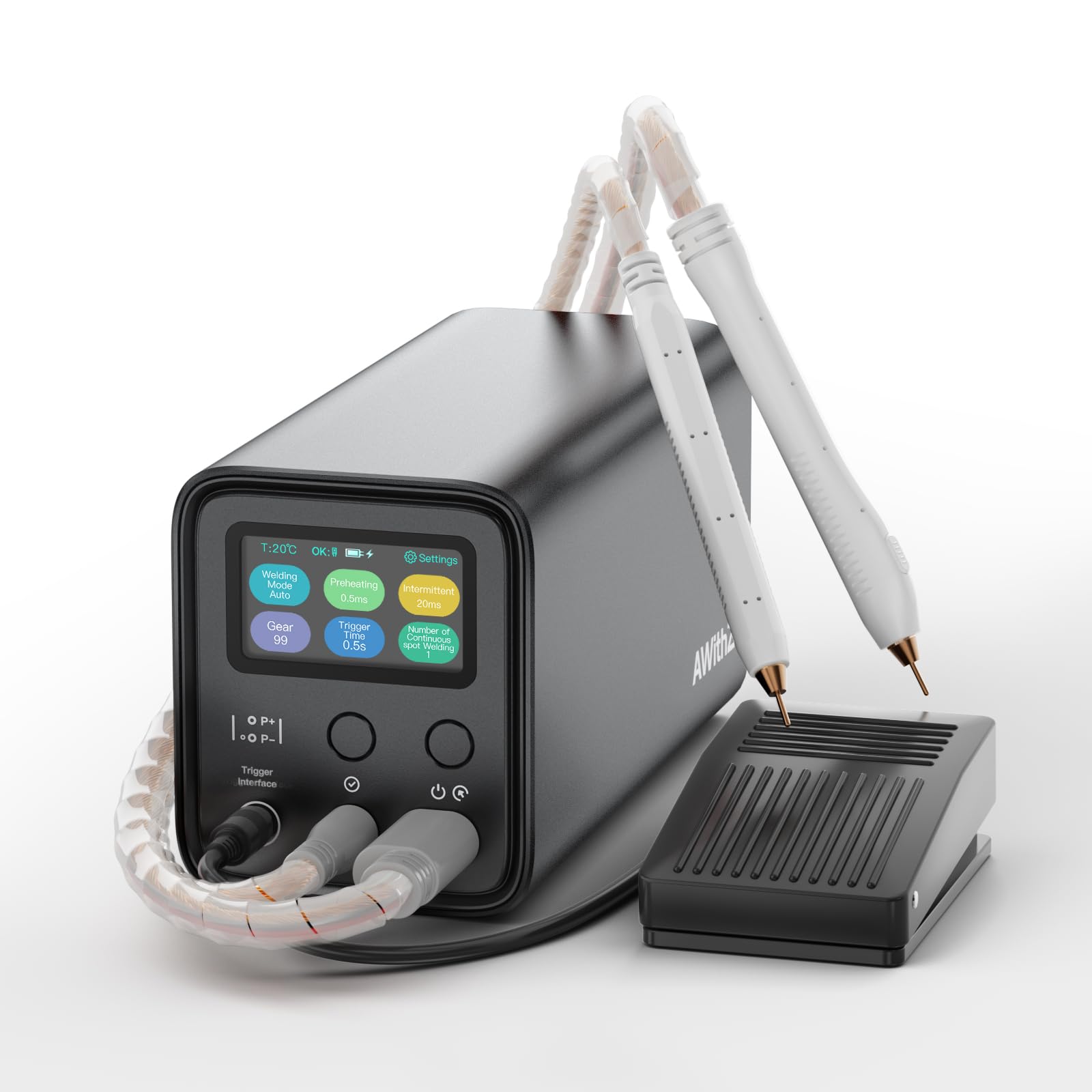 AWithZ UF20B spot welder front view with compact aluminum chassis for easy handling.