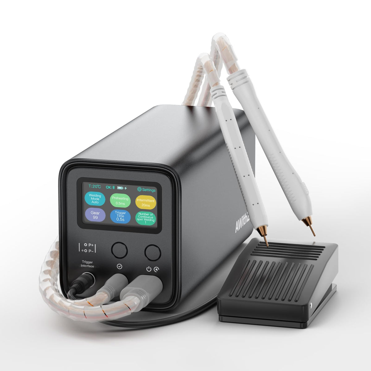 AWithZ UF20B spot welder front view with compact aluminum chassis for easy handling.