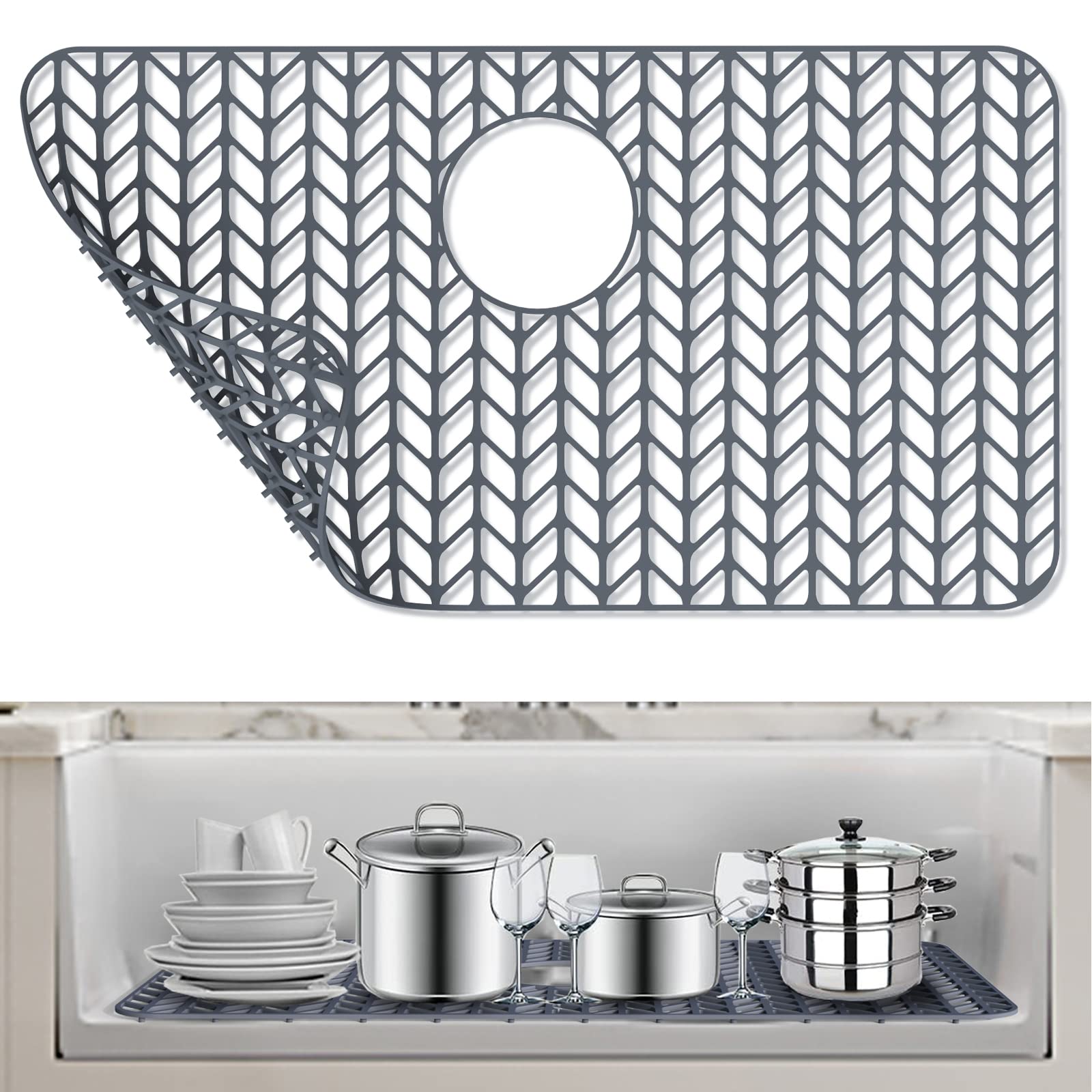 AWOKE silicone sink protector with grid in the sink bottom protects against scratches and supports drainage.