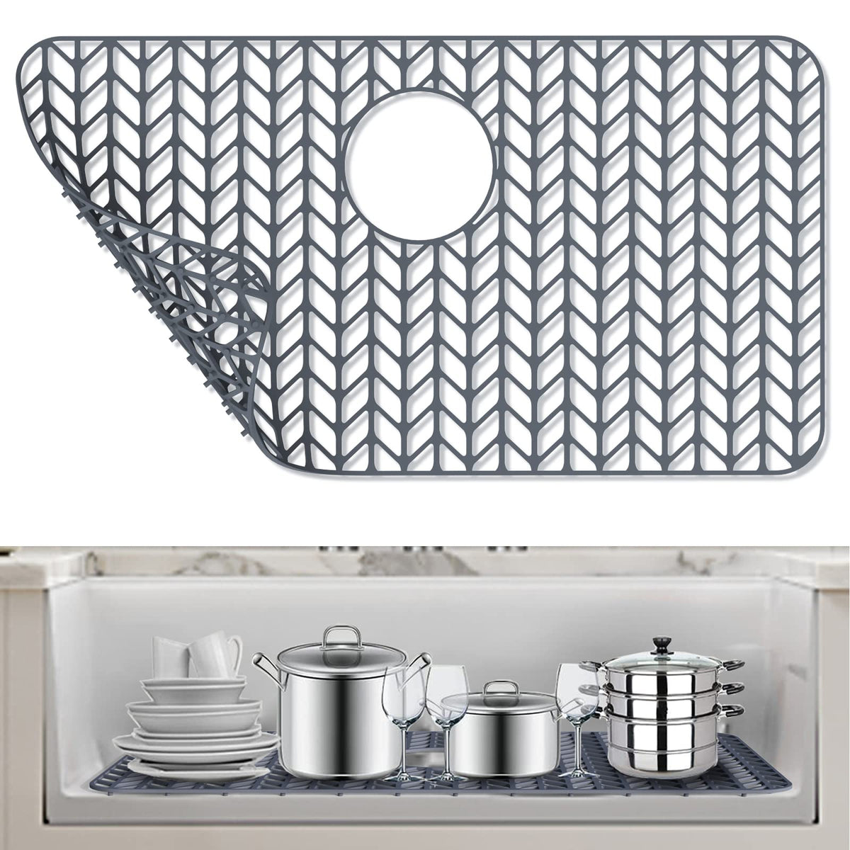 AWOKE silicone sink protector with grid in the sink bottom protects against scratches and supports drainage.