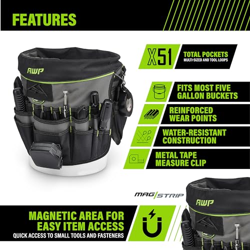 AWP Bucket Tool Organizer 51-pocket interior layout shows abundant pockets.