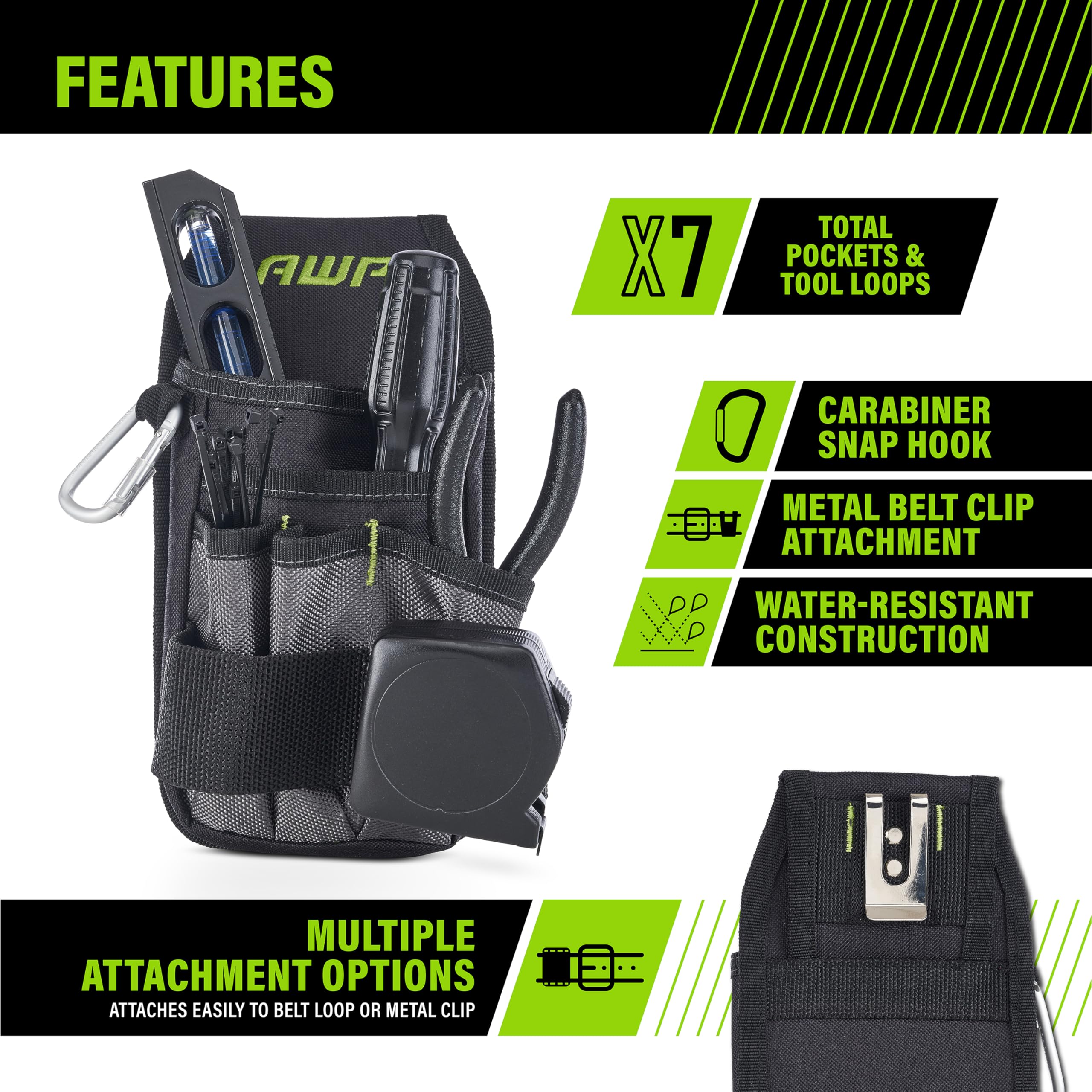 AWP Premium Tool Pouch side view demonstrates belt-friendly design for comfortable all-day wear.