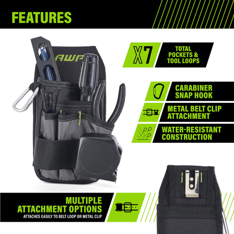 AWP Premium Tool Pouch side view demonstrates belt-friendly design for comfortable all-day wear.
