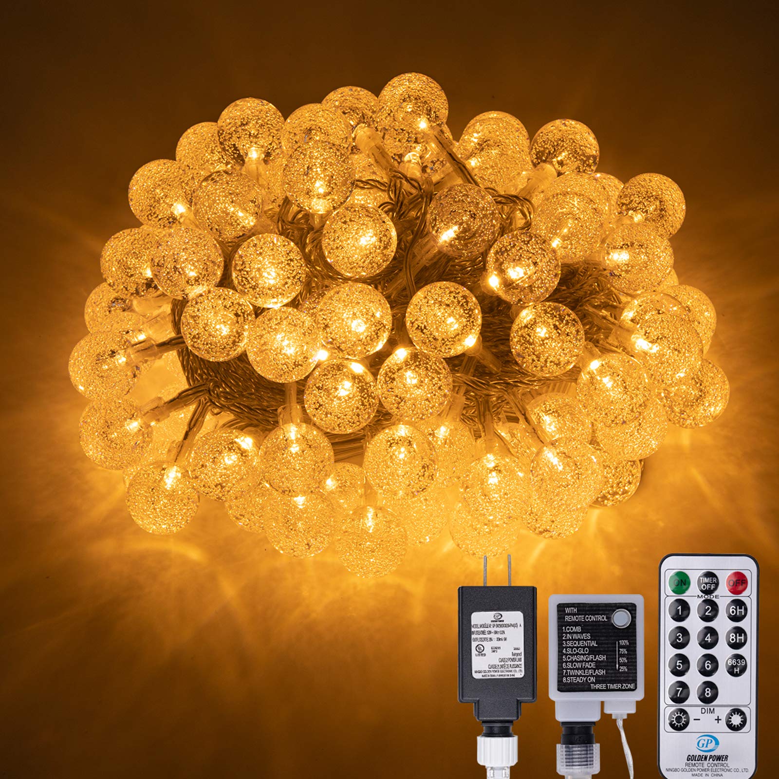 AWQ 100 LED globe ball string lights show warm glow for versatile decor