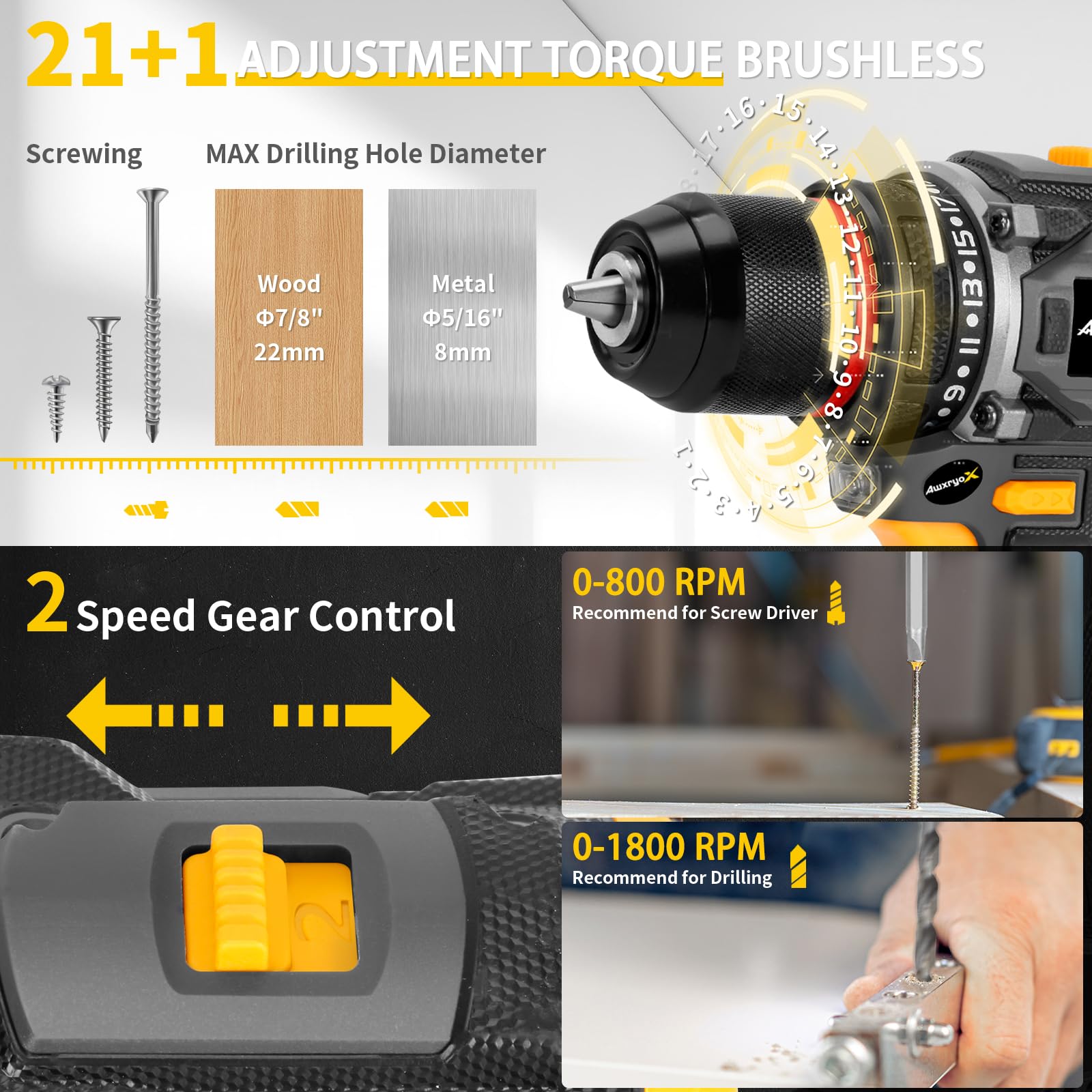 AwxryoX 3/8-inch keyless metal chuck secures bits reliably.