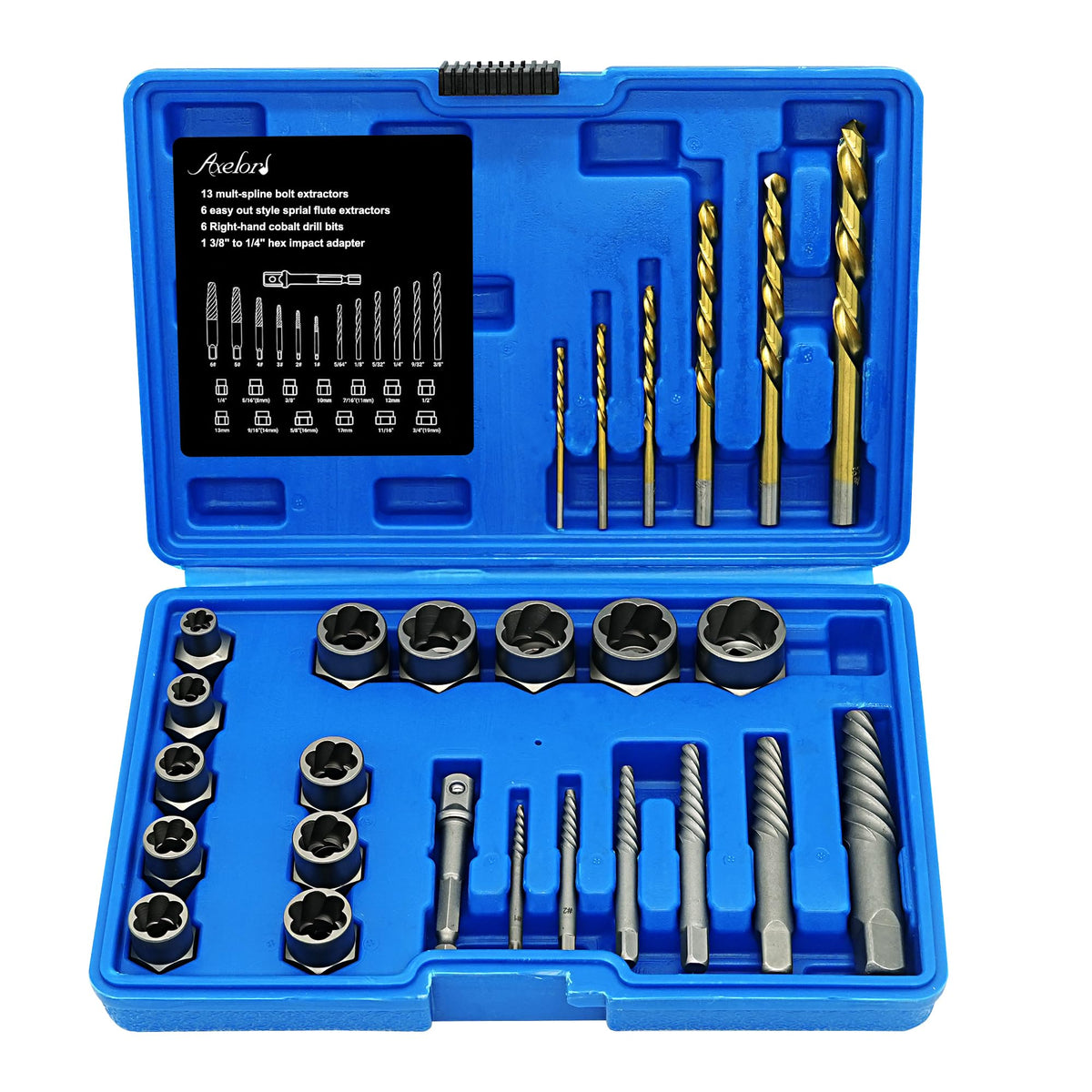 Axelord 26-piece screw extractor set shown with hex sockets and bits for damaged fasteners