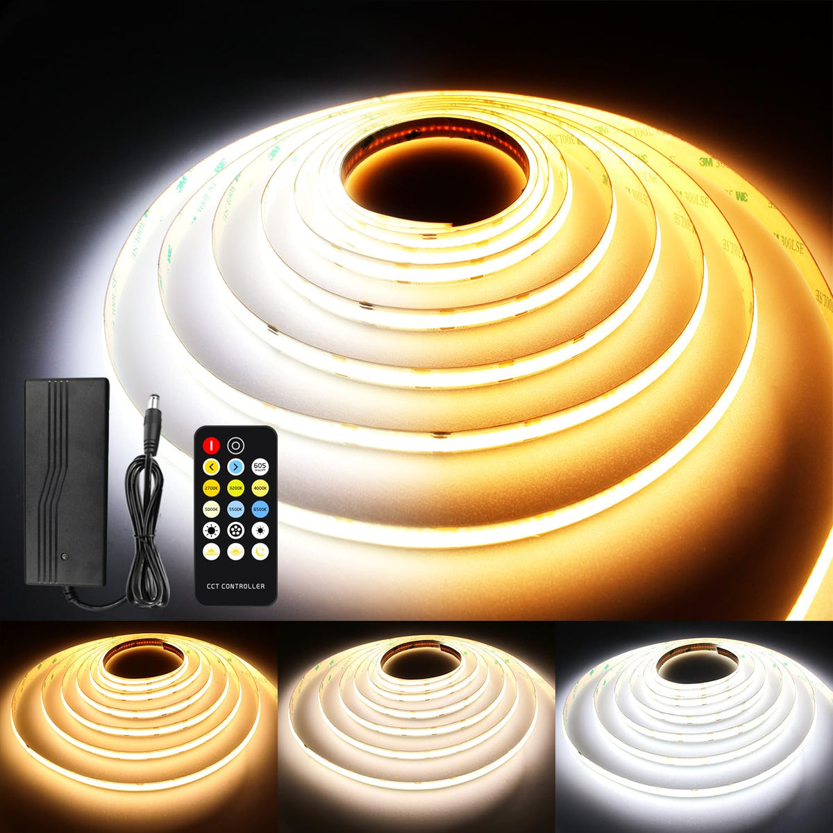 AXMOTUT CCT COB LED strip creates warm to cool living room ambience for versatile lighting.
