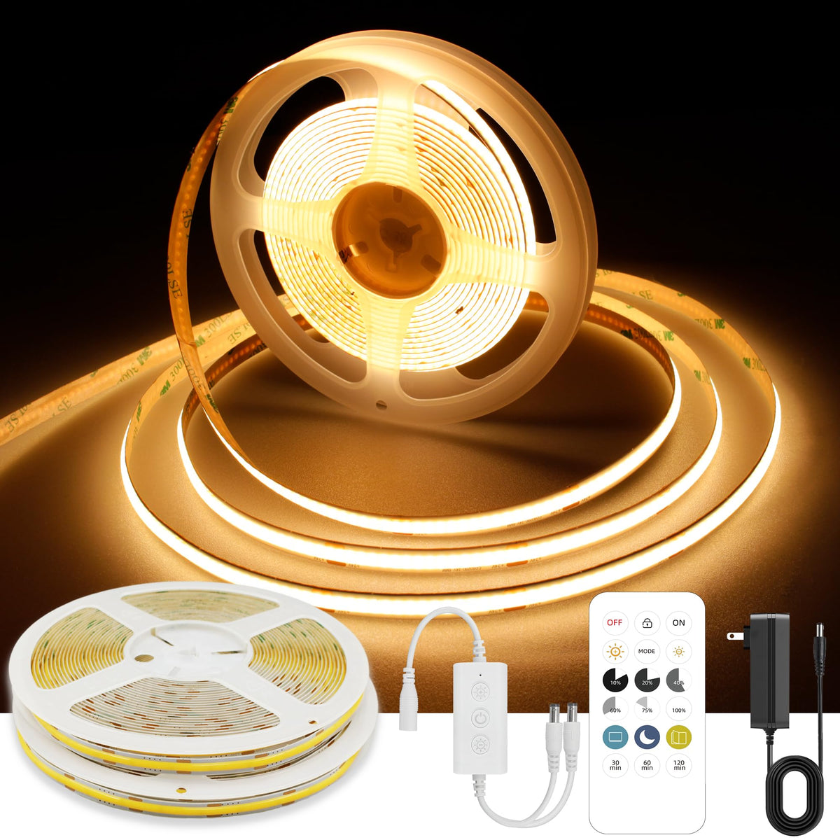AXMOTUT COB LED strip 2700K warm white for ambient lighting.
