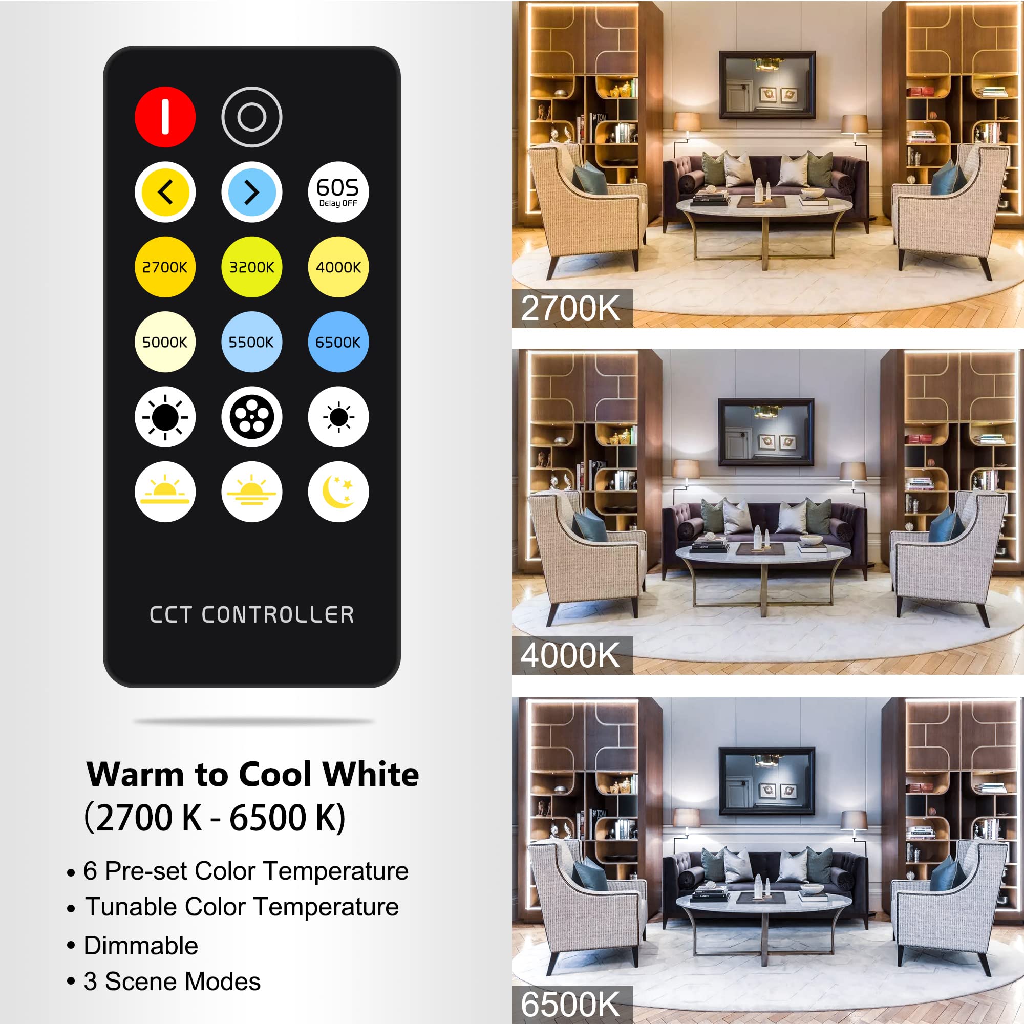 AXMOTUT tunable white 2700K-6500K for warm to cool ambiance.