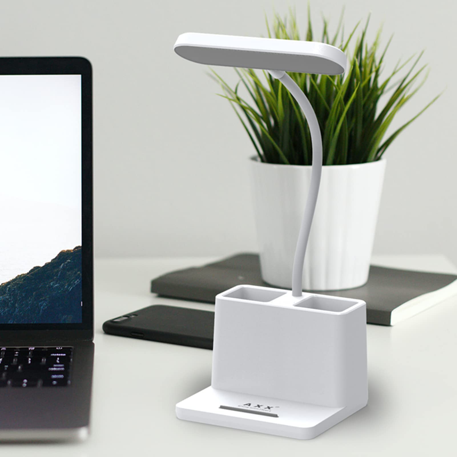 AXX gooseneck desk lamp showing adjustable angle for precise illumination